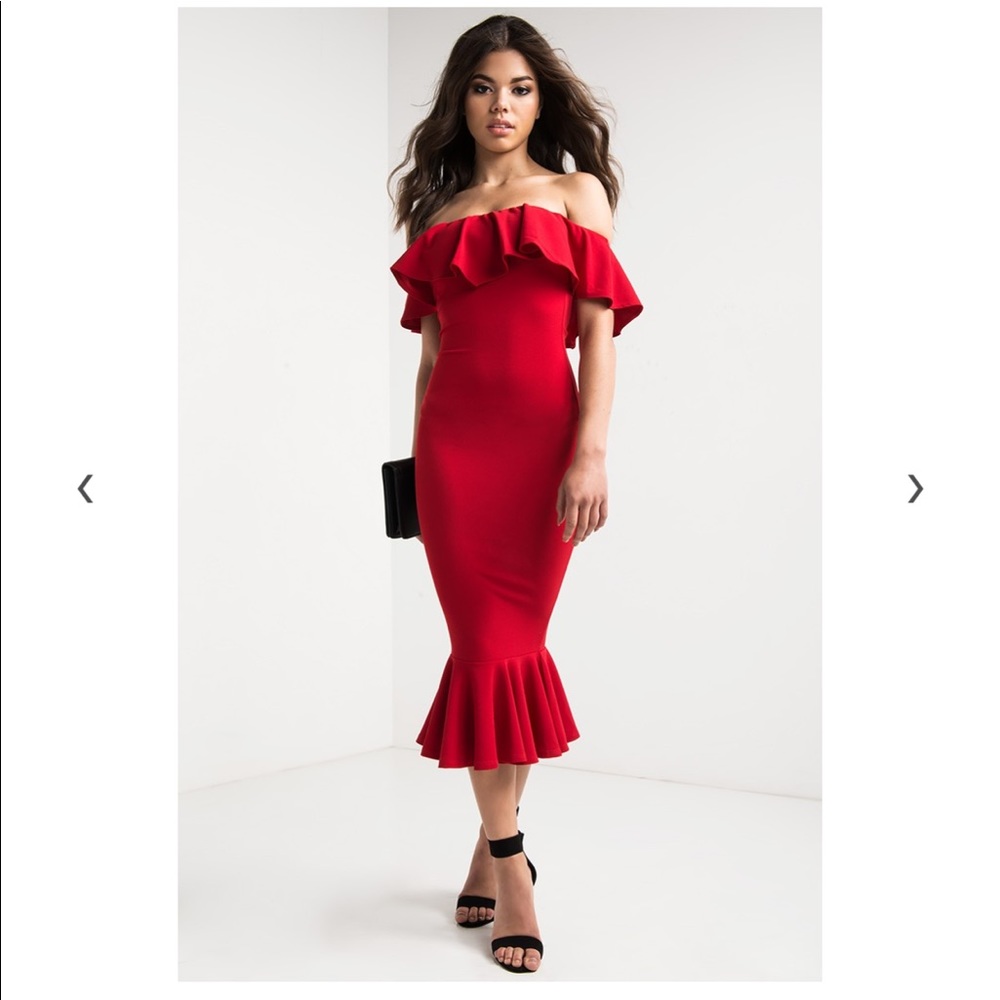 Red off shoulder dress fishtail